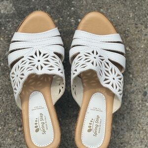 Spring Step Vino White Tan Leather Wedge Sandals with Floral Cutout Design